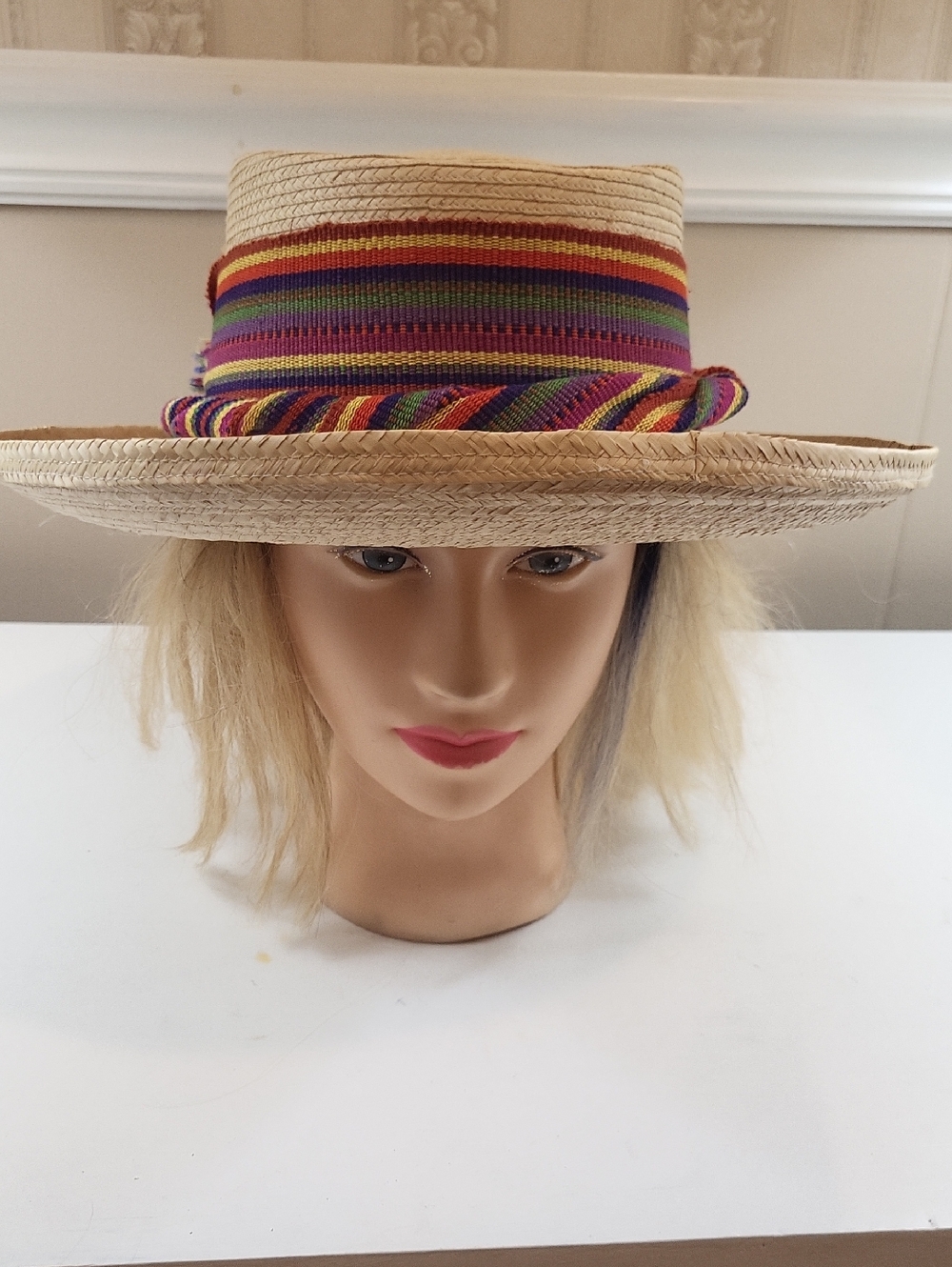 Vtg. Gumarcaah Palm LEAF Straw Hat, with Multicolor Rainbow Band And Bow